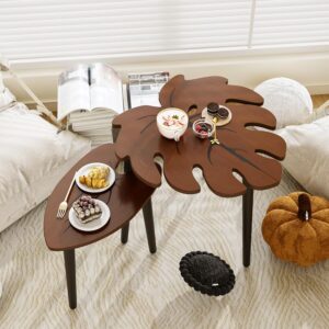 BAMEOS Monstera Leaf Nesting Tables Set of 2, Small Side Tables f Set with Leaf Vein Pattern, Modern Wooden CoffeeTables for Living Room Bedroom Apartment Balcony Yard - Image 6