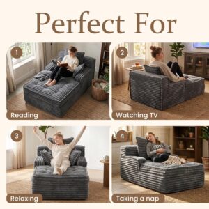 Boneless Chaise Lounge Couch Indoor, Small Corduroy Upholstered Sleeper Sofa Bed Reading Chairs with 3 Pillows, Fluffy Comfy Cloud Sofas Couches, Compression Boneless Sofa for Small Corner - Image 3