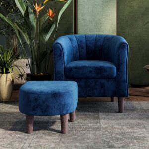 LINSY Accent Chair with Ottoman, Modern Barrel Chair Comfy Armchair Reading Chair with Footrest, Round Arms Chair for Living Room Bedroom Reading Room, Velvet, Blue - Image 3