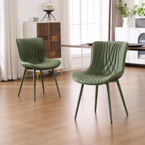 Upholstered Leather Dining Chairs Set of 2 All Olive Green, Mid Century Modern Comfy Kitchen Dining Room Chair, Green Metal Legs, Armless Accent Chair for Living Room Bedroom - Image 3