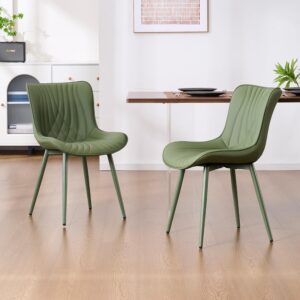 Upholstered Leather Dining Chairs Set of 2 All Olive Green, Mid Century Modern Comfy Kitchen Dining Room Chair, Green Metal Legs, Armless Accent Chair for Living Room Bedroom - Image 5