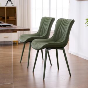 Upholstered Leather Dining Chairs Set of 2 All Olive Green, Mid Century Modern Comfy Kitchen Dining Room Chair, Green Metal Legs, Armless Accent Chair for Living Room Bedroom - Image 9