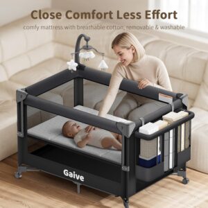 4 in 1 Baby Bassinet, One-Push Setup Pack and Play, Bedside Crib Sleeper with 3 Height Adjustable,Diaper Changer, Come with Comfy Mattress, Rotating Toy Bar, from Infants to Toddlers (Black) - Image 3