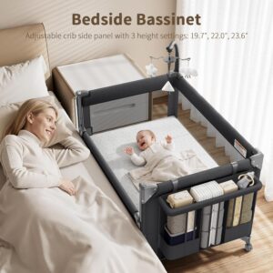 4 in 1 Baby Bassinet, One-Push Setup Pack and Play, Bedside Crib Sleeper with 3 Height Adjustable,Diaper Changer, Come with Comfy Mattress, Rotating Toy Bar, from Infants to Toddlers (Black) - Image 4