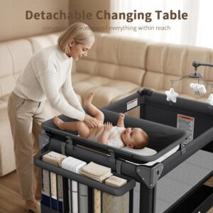 4 in 1 Baby Bassinet, One-Push Setup Pack and Play, Bedside Crib Sleeper with 3 Height Adjustable,Diaper Changer, Come with Comfy Mattress, Rotating Toy Bar, from Infants to Toddlers (Black) - Image 6