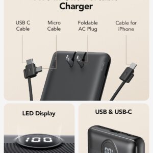 Portable Charger,Power Bank Built-in Cables and AC Wall Plug,VRURC USB C Portable Bank 10000mAh,Travel Essentials Phone Charger Compact Lightweight External Battery Pack for Smart Phones,Tablets-Black - Image 2