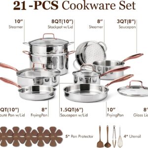 CAROTE 21pcs Tri-Ply Stainless Steel Cookware Set, Pots and Pans Set, Non Toxic Induction Kitchen Cooking Sets, Cookware Collection, Mirror Polish, Gold - Image 3
