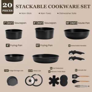 Nonstick Pots and Pans Set - 20 Pack KIKCOIN Stackable Cookware Set with Detachable Handle, RV Kitchen Cooking Set with Removable Handles - Oven Safe, Induction Ready (Black) - Image 5