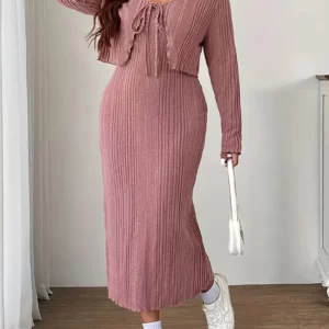 GIBSIE Plus Size 2 Piece Set for Women Spring Autumn Long Sleeve Tie Front Crop Top & Spaghetti Strap Dress Sets Woman Outfits - Image 1