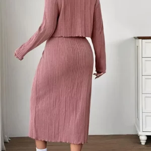 GIBSIE Plus Size 2 Piece Set for Women Spring Autumn Long Sleeve Tie Front Crop Top & Spaghetti Strap Dress Sets Woman Outfits - Image 2