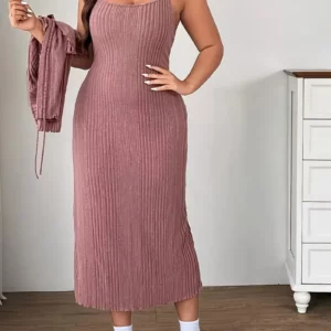 GIBSIE Plus Size 2 Piece Set for Women Spring Autumn Long Sleeve Tie Front Crop Top & Spaghetti Strap Dress Sets Woman Outfits - Image 3