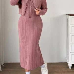 GIBSIE Plus Size 2 Piece Set for Women Spring Autumn Long Sleeve Tie Front Crop Top & Spaghetti Strap Dress Sets Woman Outfits - Image 4