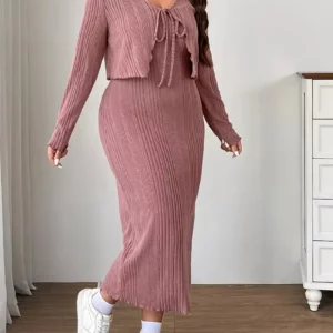 GIBSIE Plus Size 2 Piece Set for Women Spring Autumn Long Sleeve Tie Front Crop Top & Spaghetti Strap Dress Sets Woman Outfits - Image 5