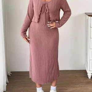 GIBSIE Plus Size 2 Piece Set for Women Spring Autumn Long Sleeve Tie Front Crop Top & Spaghetti Strap Dress Sets Woman Outfits - Image 6