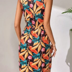 Women's Spring/Summer Fashion Leaf Digital Print Sleeveless Elegant Dress - Image 5