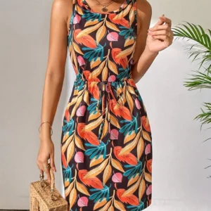 Women's Spring/Summer Fashion Leaf Digital Print Sleeveless Elegant Dress - Image 4