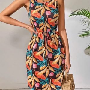 Women's Spring/Summer Fashion Leaf Digital Print Sleeveless Elegant Dress - Image 3