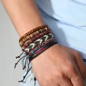4Pcs/ Set Braided Wrap Leather Bracelets for Men Vintage Life Tree Rudder Charm Wood Beads Ethnic Tribal Wristband Rope Bracelet - Image 4
