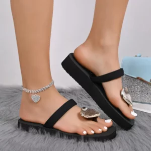 Fashion Metal Decoration Thick Bottom Flip Flops Women Summer 2026 Casual Black Clip Toe Sandals Woman's Wedge Heel Slippers - Image 3