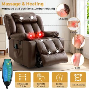 Power Lift Recliner Chair for Elderly & Seniors, Breathable Leather Electric Recliner with Vibration Massage & Lumbar Heating, Silent Motor w/USB/Cup Holders, Tool-Free Easy Assembly, Brown - Image 3