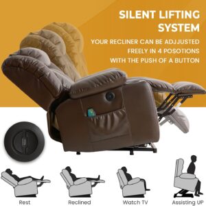 Power Lift Recliner Chair for Elderly & Seniors, Breathable Leather Electric Recliner with Vibration Massage & Lumbar Heating, Silent Motor w/USB/Cup Holders, Tool-Free Easy Assembly, Brown - Image 4
