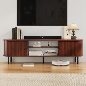 TV Stand for 65/60 Inch TV, Mid Century Modern TV Stand,Entertainment Center with Fluted Sliding Doors and Hidden Storage, TV Console Table Media Cabinet for Living Room, and Bedroom, Walnut - Image 2