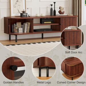 TV Stand for 65/60 Inch TV, Mid Century Modern TV Stand,Entertainment Center with Fluted Sliding Doors and Hidden Storage, TV Console Table Media Cabinet for Living Room, and Bedroom, Walnut - Image 3