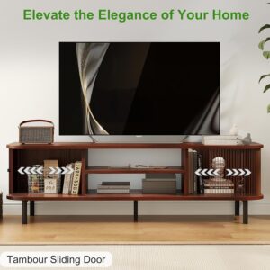 TV Stand for 65/60 Inch TV, Mid Century Modern TV Stand,Entertainment Center with Fluted Sliding Doors and Hidden Storage, TV Console Table Media Cabinet for Living Room, and Bedroom, Walnut - Image 4