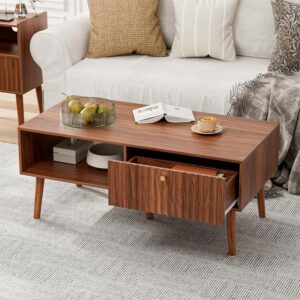 Coffee Table with Storage, Mid Century Dining Table with Fluted Drawer and Solid Wood Legs, Small Coffee Tables for Living Room, Walnut - Image 1