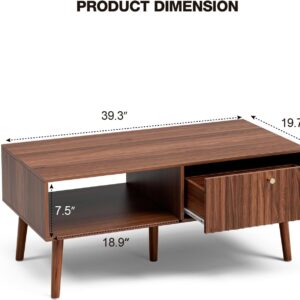 Coffee Table with Storage, Mid Century Dining Table with Fluted Drawer and Solid Wood Legs, Small Coffee Tables for Living Room, Walnut - Image 2