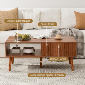 Coffee Table with Storage, Mid Century Dining Table with Fluted Drawer and Solid Wood Legs, Small Coffee Tables for Living Room, Walnut - Image 3