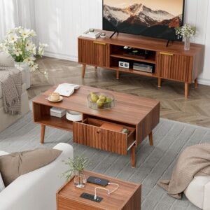 Coffee Table with Storage, Mid Century Dining Table with Fluted Drawer and Solid Wood Legs, Small Coffee Tables for Living Room, Walnut - Image 4