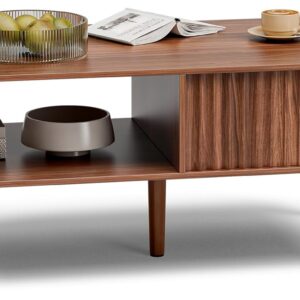 Coffee Table with Storage, Mid Century Dining Table with Fluted Drawer and Solid Wood Legs, Small Coffee Tables for Living Room, Walnut - Image 6