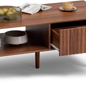 Coffee Table with Storage, Mid Century Dining Table with Fluted Drawer and Solid Wood Legs, Small Coffee Tables for Living Room, Walnut - Image 7