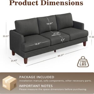 Gericco Mid Century Modern Couches for Living Room, 89" Comfy Couch Sofa with 3-Seater Deep Seats, Upholstered Sofas for Living Room, Office Apartment, Bedroom, Dark Grey - Image 2