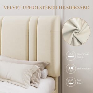 SHA CERLIN Full Size Platform Bed Frame, Velvet Upholstered Bed with Adjustable Headboard, Vertical Channel Tufted Design, Sturdy Wood Slat Support, No Box Spring Needed, Easy Assembly, Cream White - Image 4