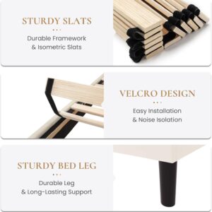 SHA CERLIN Full Size Platform Bed Frame, Velvet Upholstered Bed with Adjustable Headboard, Vertical Channel Tufted Design, Sturdy Wood Slat Support, No Box Spring Needed, Easy Assembly, Cream White - Image 8