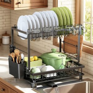 Dish Drying Rack, 2 Tier Space-Saving Dish Rack, Multifunctional Dish Drainer for Kitchen Counter with Drainboard/Utensil/Cup Holder Rustproof Carbon Steel, Black - Image 1