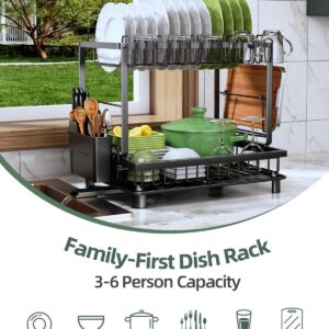 Dish Drying Rack, 2 Tier Space-Saving Dish Rack, Multifunctional Dish Drainer for Kitchen Counter with Drainboard/Utensil/Cup Holder Rustproof Carbon Steel, Black - Image 2
