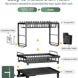 Dish Drying Rack, 2 Tier Space-Saving Dish Rack, Multifunctional Dish Drainer for Kitchen Counter with Drainboard/Utensil/Cup Holder Rustproof Carbon Steel, Black - Image 4