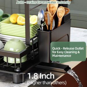 Dish Drying Rack, 2 Tier Space-Saving Dish Rack, Multifunctional Dish Drainer for Kitchen Counter with Drainboard/Utensil/Cup Holder Rustproof Carbon Steel, Black - Image 5