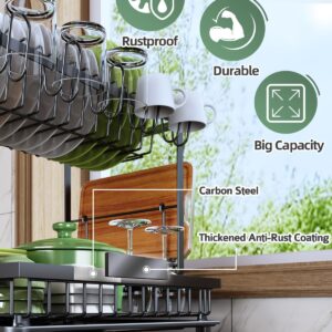 Dish Drying Rack, 2 Tier Space-Saving Dish Rack, Multifunctional Dish Drainer for Kitchen Counter with Drainboard/Utensil/Cup Holder Rustproof Carbon Steel, Black - Image 6