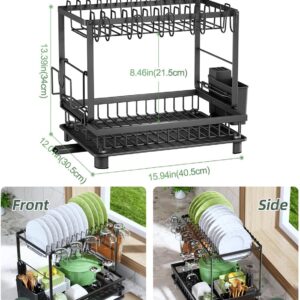 Dish Drying Rack, 2 Tier Space-Saving Dish Rack, Multifunctional Dish Drainer for Kitchen Counter with Drainboard/Utensil/Cup Holder Rustproof Carbon Steel, Black - Image 8