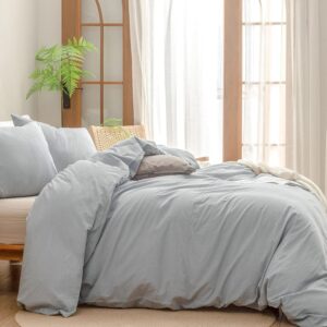 Duvet Cover Set 100% Washed Cotton Linen Feel Super Soft Comfortable Chic Lightweight 3 PCs Home Bedding Set Cornflower Blue Queen - Image 3