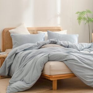 Duvet Cover Set 100% Washed Cotton Linen Feel Super Soft Comfortable Chic Lightweight 3 PCs Home Bedding Set Cornflower Blue Queen - Image 4