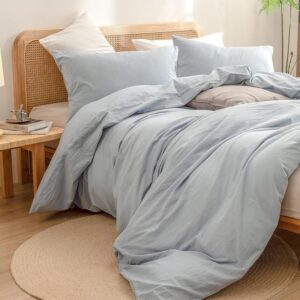 Duvet Cover Set 100% Washed Cotton Linen Feel Super Soft Comfortable Chic Lightweight 3 PCs Home Bedding Set Cornflower Blue Queen - Image 5