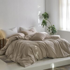 MooMee Striped Duvet Cover Set 100% Washed Cotton Linen Like Textured Breathable Durable Soft Comfy (Tannish Linen Grey White Wide Stripes, King 104"x90") - Image 3