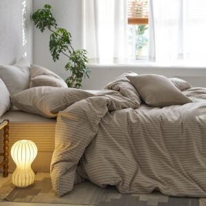 MooMee Striped Duvet Cover Set 100% Washed Cotton Linen Like Textured Breathable Durable Soft Comfy (Tannish Linen Grey White Wide Stripes, King 104"x90") - Image 4