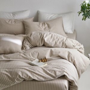 MooMee Striped Duvet Cover Set 100% Washed Cotton Linen Like Textured Breathable Durable Soft Comfy (Tannish Linen Grey White Wide Stripes, King 104"x90") - Image 5