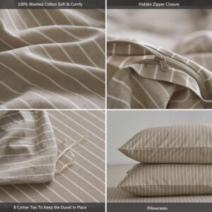MooMee Striped Duvet Cover Set 100% Washed Cotton Linen Like Textured Breathable Durable Soft Comfy (Tannish Linen Grey White Wide Stripes, King 104"x90") - Image 6